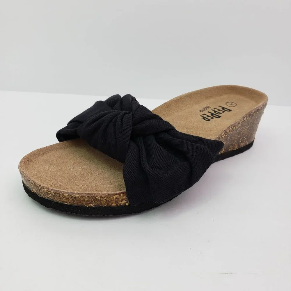NEW PepPep Womens Size 7 Black Bow Cork Slip On Comfort Wedge Sandals PP01WG_2